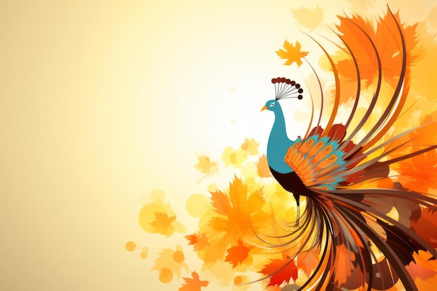 An illustration of a colorful peacock on an autumn background