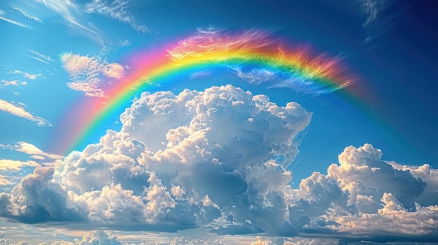 사진 그림: 푸른 하늘과 구름을 배경으로 한 다채로운 무지개
