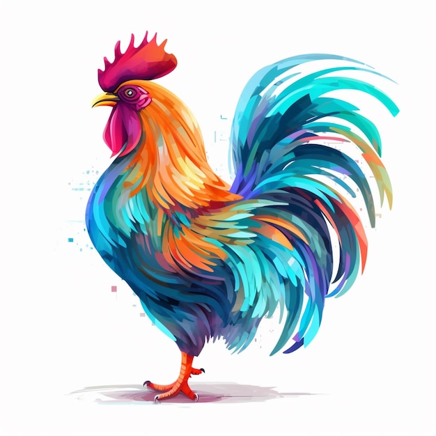 Illustration of a colorful rooster with a red head and a blue tail generative ai