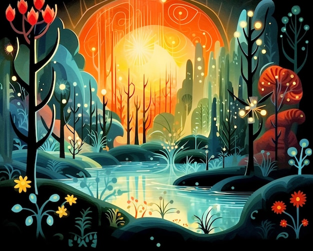 Иллюстрация красочной сцены с рекой и деревьями, генеративный ИИ