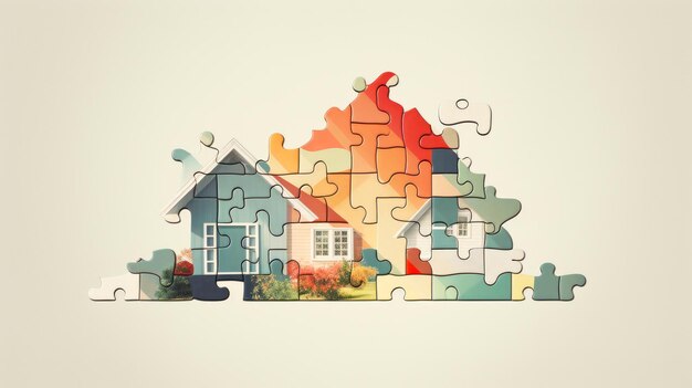 Illustration of Colorful Suburban Puzzle HomesCommunity Togetherness background copy space