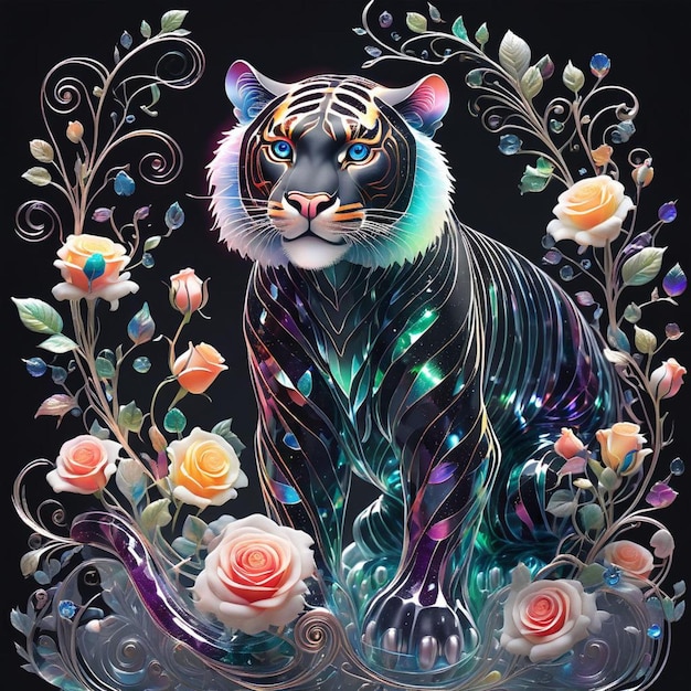 An illustration of a colorful tiger with flowers around of it