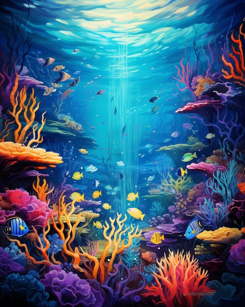 illustration of a colorful underwater scene with corals and fish generative ai