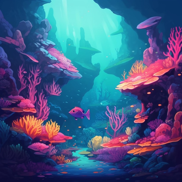 Illustration of a colorful underwater scene with corals and fish generative ai