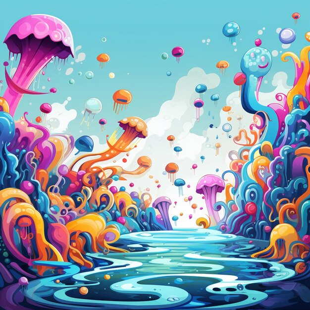 illustration of a colorful underwater scene with jellyfishs and bubbles generative ai