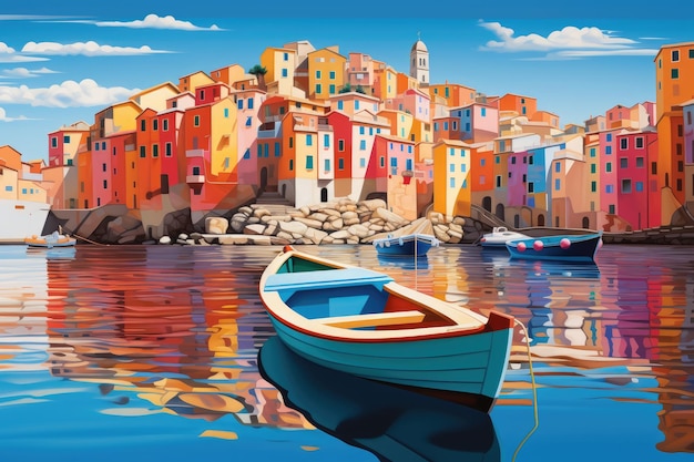 Иллюстрация красочной деревни Ровинь в Хорватии Красочный морской пейзаж города с красивыми лодками, плавающими по воде Сгенерировано AI