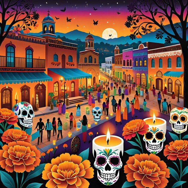 Illustration of colorfully decorated day of the dead sugar skulls traditional mexican festival