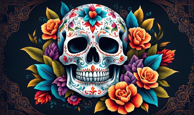 Illustration of colorfully decorated Day of the Dead sugar skulls traditional mexican festival