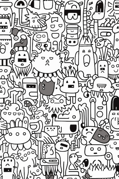 Foto illustrazione di un libro da colorare doodle crowd cute alien monster creato con la tecnologia generative ai