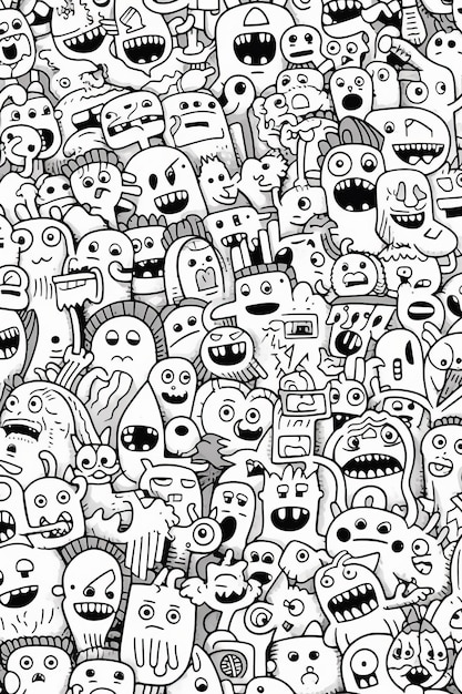 Photo illustration of coloring book doodle crowd cute alien monster created with generative ai technology