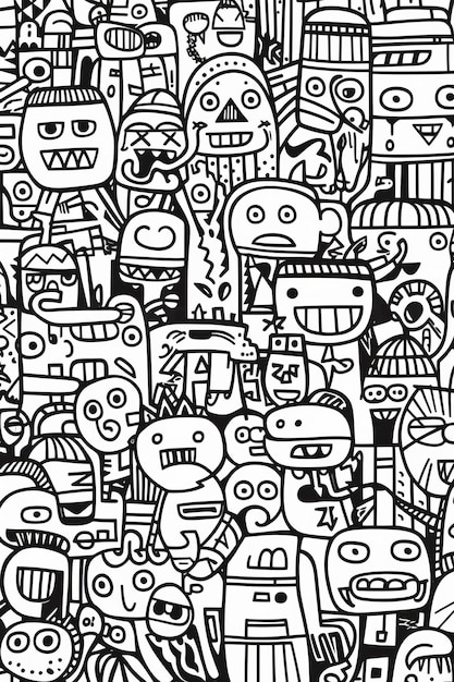 Illustration of coloring book doodle crowd cute alien monster Created with Generative AI technology