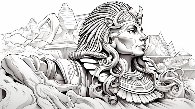 Photo illustration of coloring book pages for adults sphinx black and white