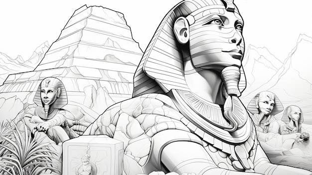 Photo illustration of coloring book pages for adults sphinx black and white