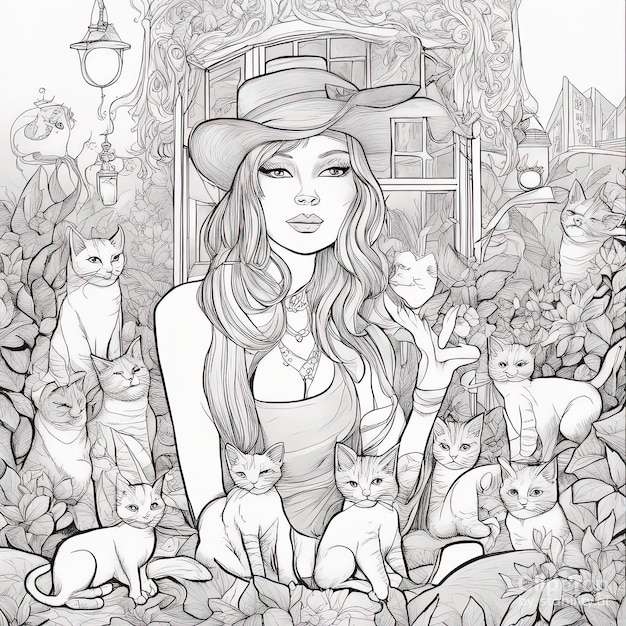 Illustration for coloring Funny cats black and white