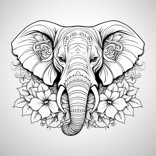 Photo illustration of coloring page for adults symmetric elephant head