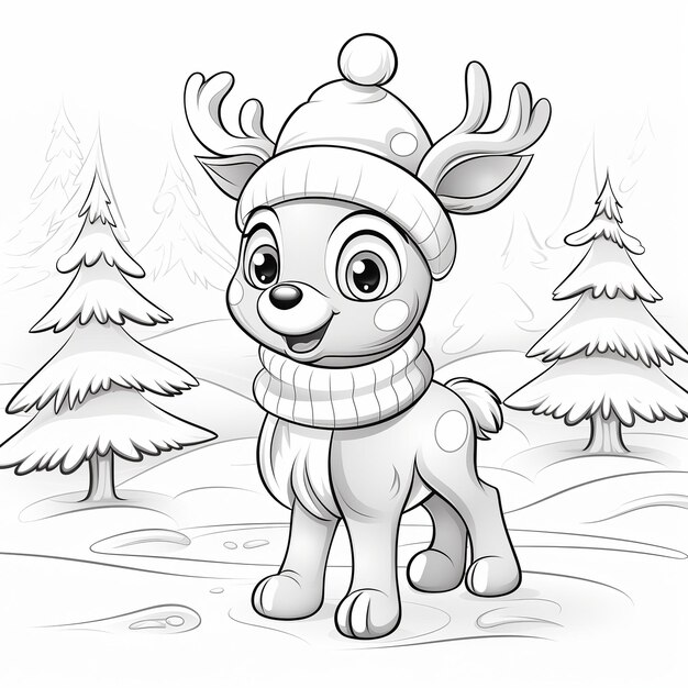 illustration of a coloring page for kids a cute Reindeer wearing a san