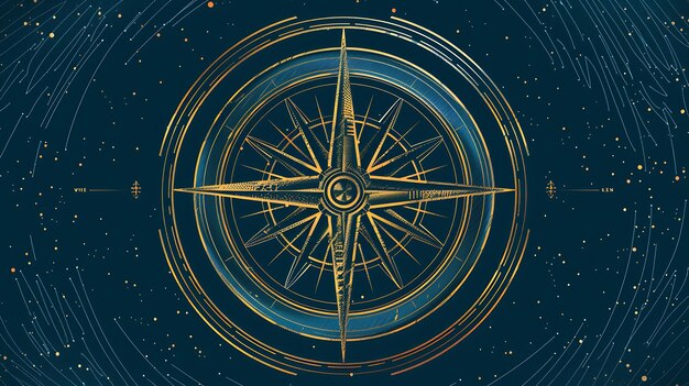 An illustration of a compass with a blue background The compass is made of gold and has a detailed design