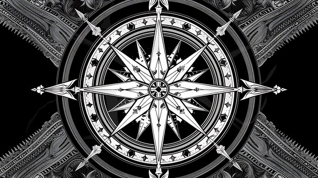 An illustration of a compass with intricate details The compass is black with white highlights and has a white background with a black border