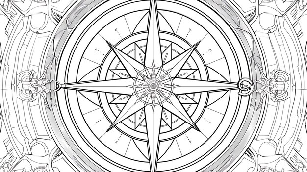 An illustration of a compass with intricate details The compass is surrounded by a decorative frame with flourishes and scrollwork