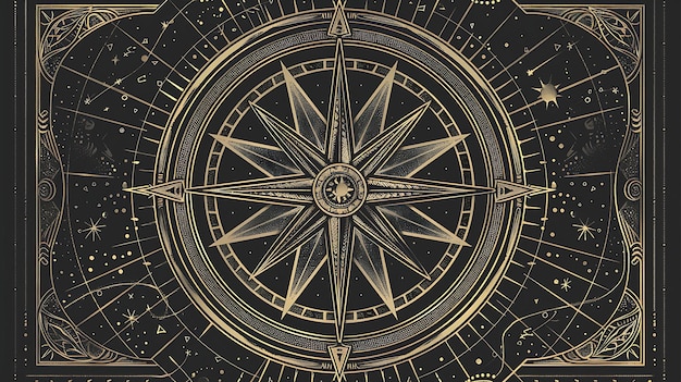 An illustration of a compass with ornate flourishes The compass is gold and black with a detailed design