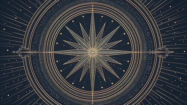 An illustration of a compass with a star in the center The compass is made of gold and has a black background