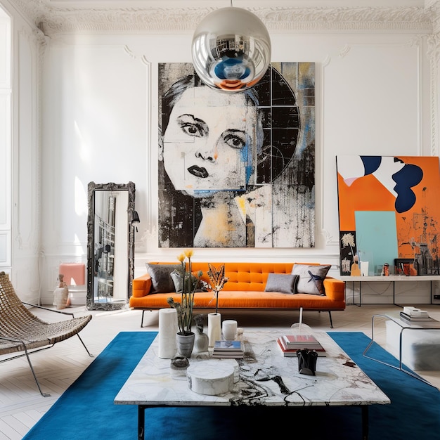 Photo illustration of complementary living room with whtie wall with blue