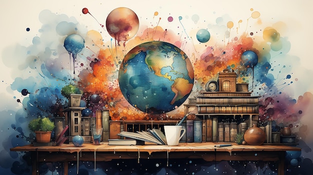 illustration complex background global education laptop and international learning system