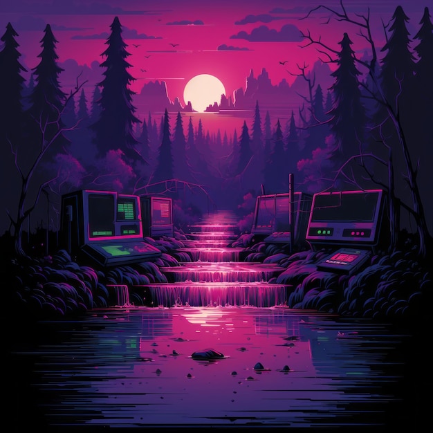 an illustration of a computer in the forest at night