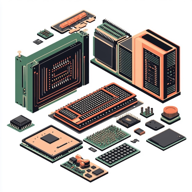 An illustration of a computer hardware assembly showing different components like CPU GPU and RAM