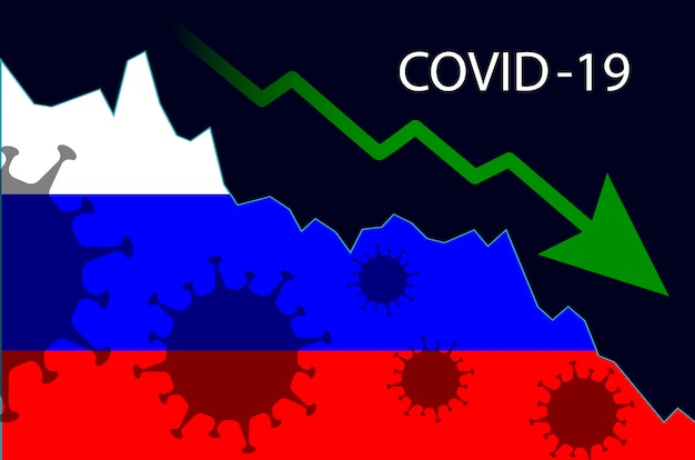 Illustration concept graph of the decline in the incidence of the covid virus, green arrow down, flag of Russia