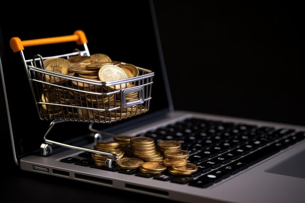 Photo illustration of the concept of shopping cart and online stores with a laptop