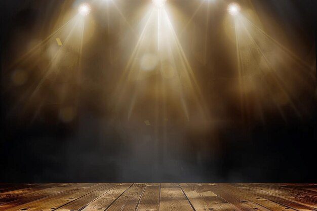 コンサートスポットの照明を暗い背景と木製の床に照らす