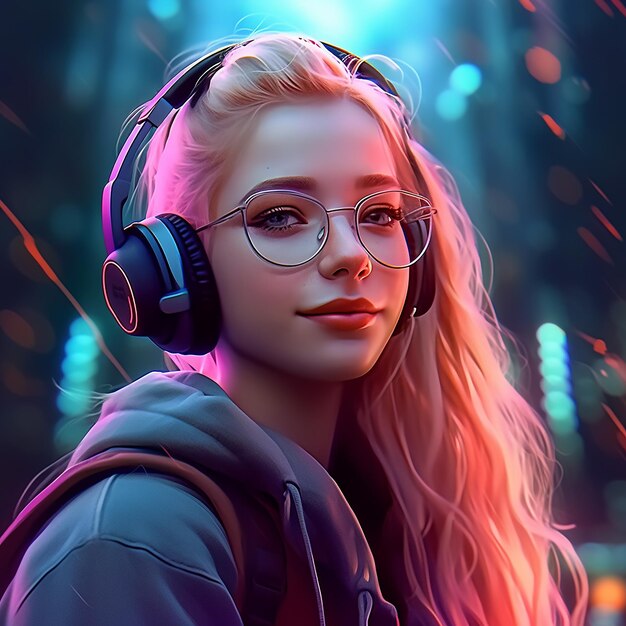 Illustration of Confident Streamer with Pink Hair Gaming Vibes and Stylish Headphones