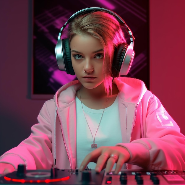 Illustration of Confident Streamer with Pink Hair Gaming Vibes and Stylish Headphones