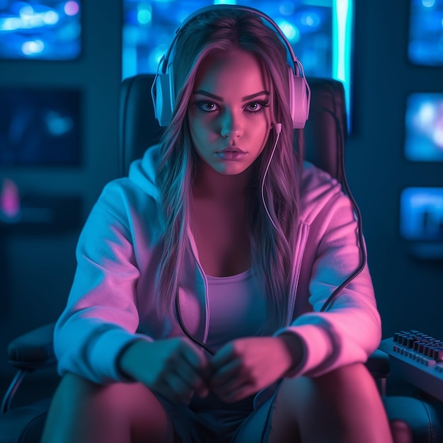 Photo illustration of confident streamer with pink hair gaming vibes and stylish headphones