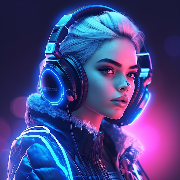 Illustration of Confident Streamer with Pink Hair Gaming Vibes and Stylish Headphones