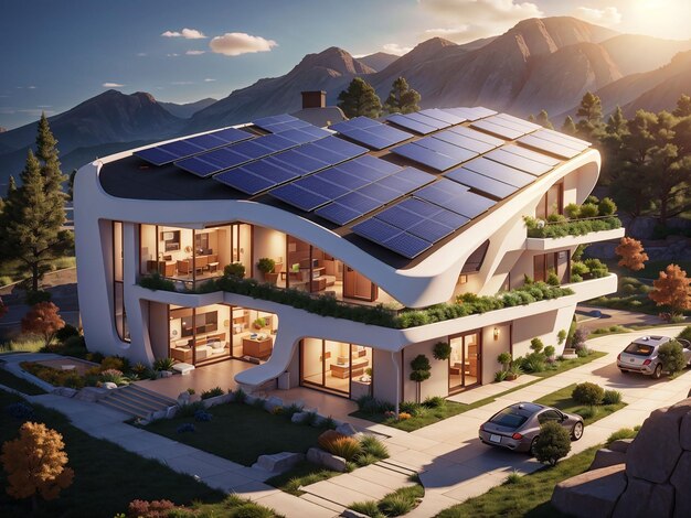 Photo illustration of contemporary buildings with solar panels and trees futuristic city generative ai