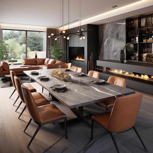 illustration of contemporary interior design dinning room behind