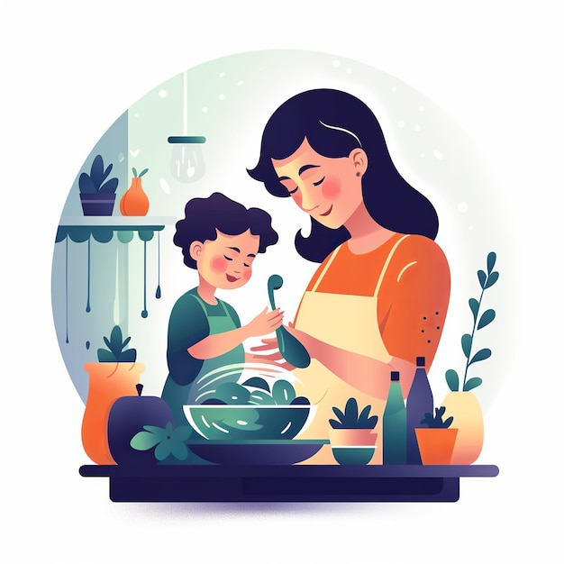 illustration of Cooking together mother takes care of baby at home