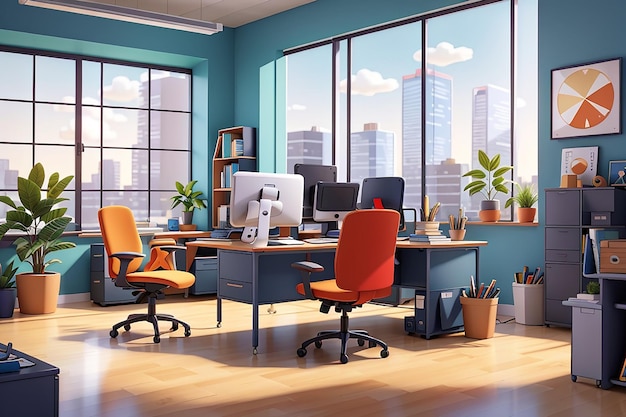 Иллюстрация крутого бизнес-офиса Мужчина работает за столом с ноутбуком