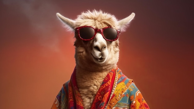 Illustration of a cool llama wearing sunglasses and dressed in hippy clothes