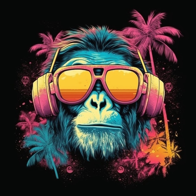 Illustration of a cool monkey wearing headphones and sunglasses