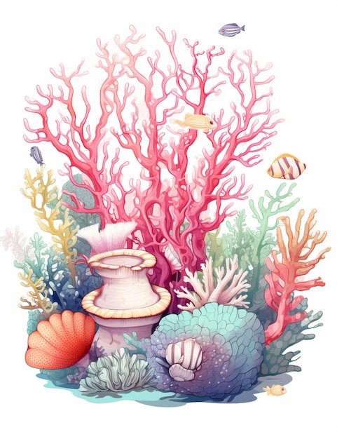 illustration of a coral reef with a vase and fish generative ai