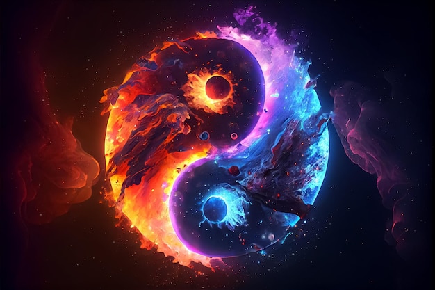 Illustration of cosmic yin yang concept tao symbol with rainbow glow AI