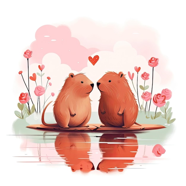 Illustration of a couple of cute capybaras for Valentines day