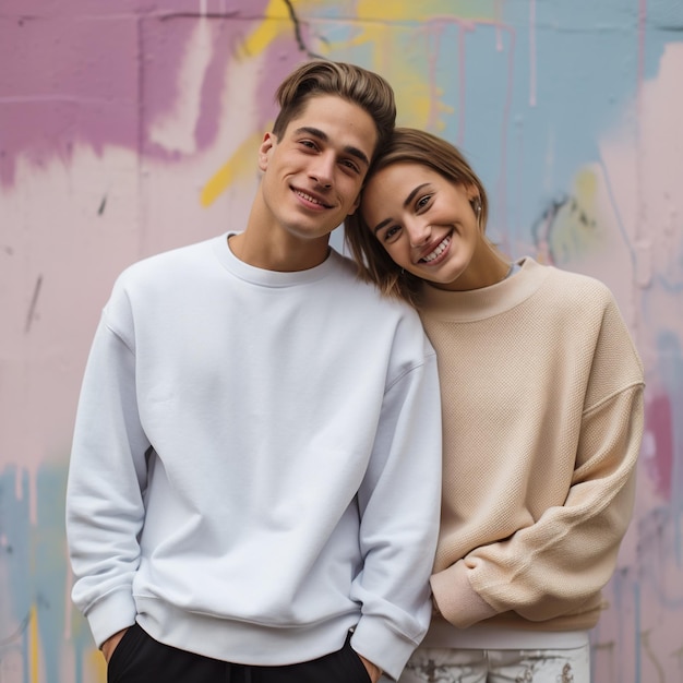 Photo illustration of a couple fashion portrait with plain sweater mockup created as a generative artwork using ai