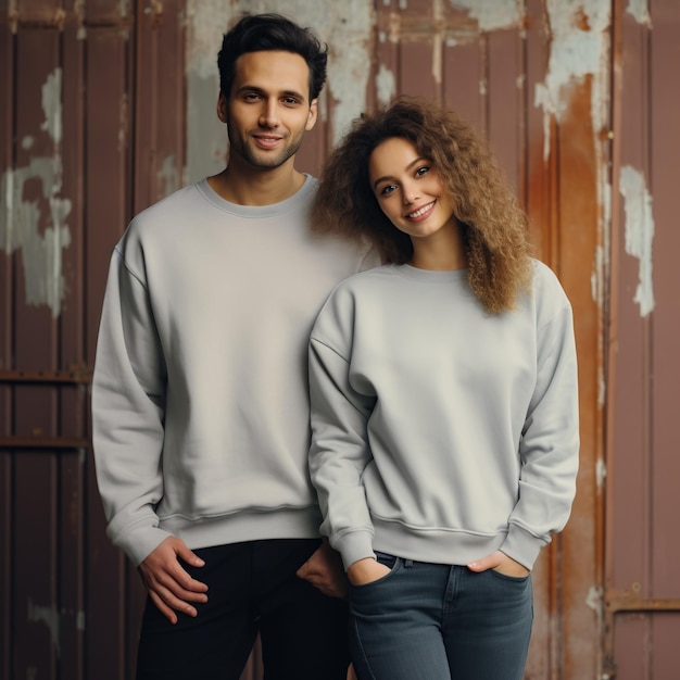 Photo illustration of a couple fashion portrait with plain sweater mockup created as a generative artwork using ai