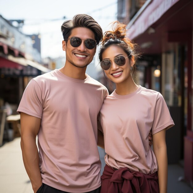 Illustration of a couple fashion portrait with plain tshirt mockup AI Generated