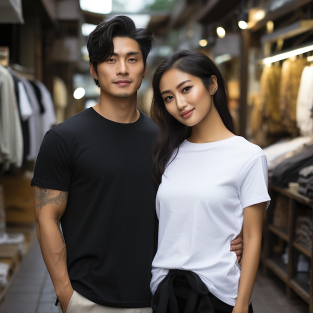 Illustration of a couple fashion portrait with plain tshirt mockup AI Generated