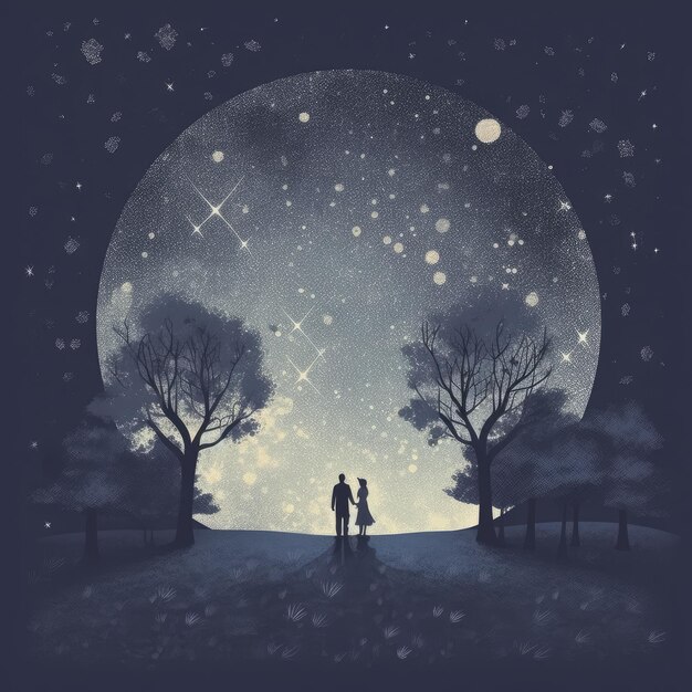 Illustration of a couple and a full moon view